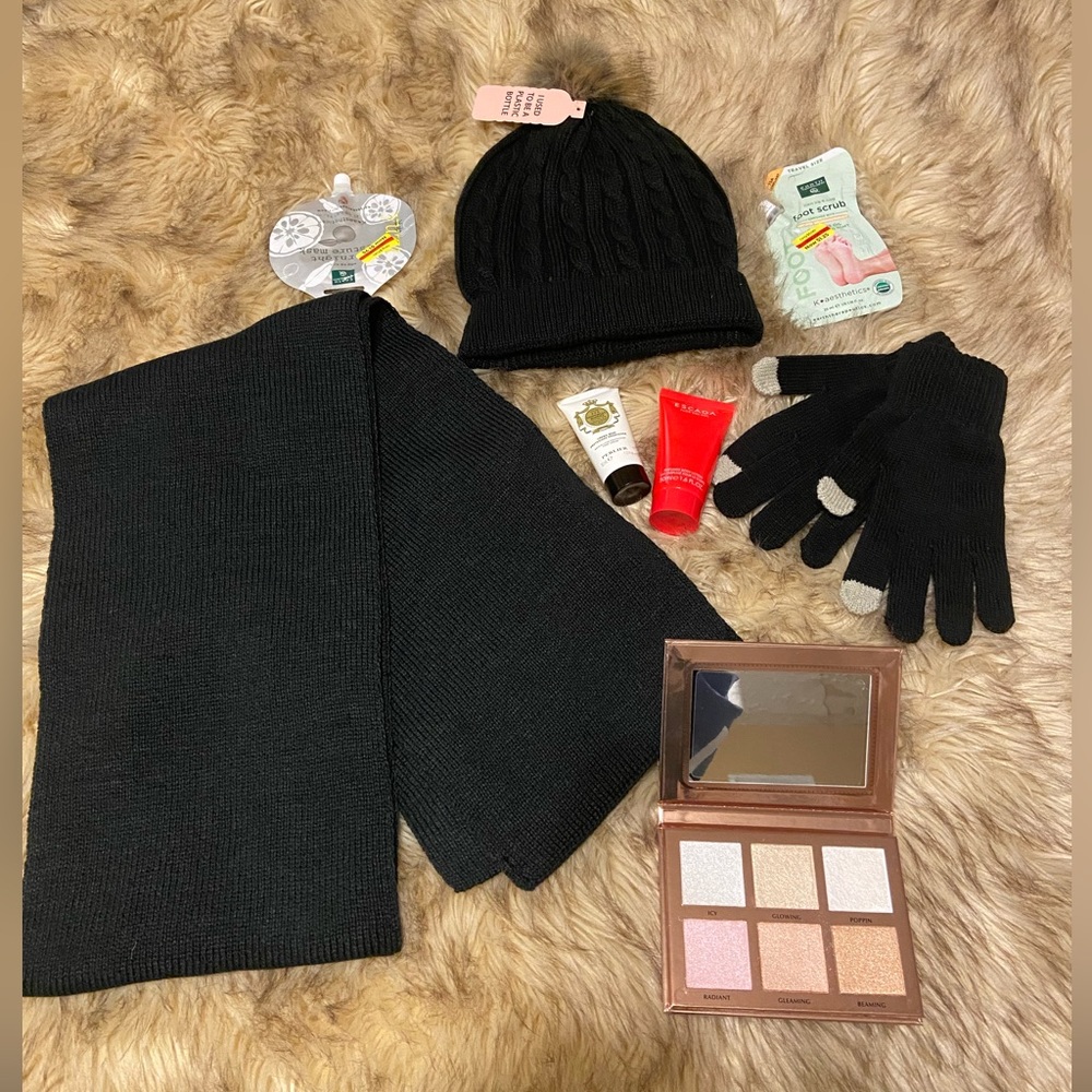 Ladies 3 piece hat,gloves, & scarf set. Will give mask, foot scrub, lotion.